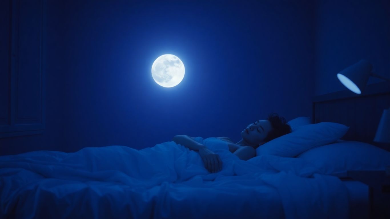 Person sleeping peacefully in a moonlit bedroom.