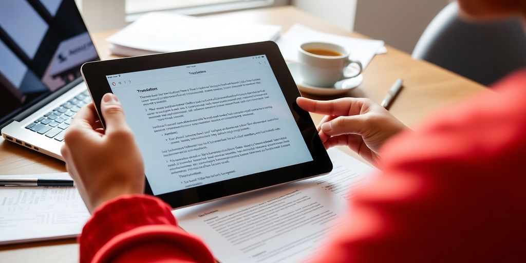 Person using translation app in a bright workspace