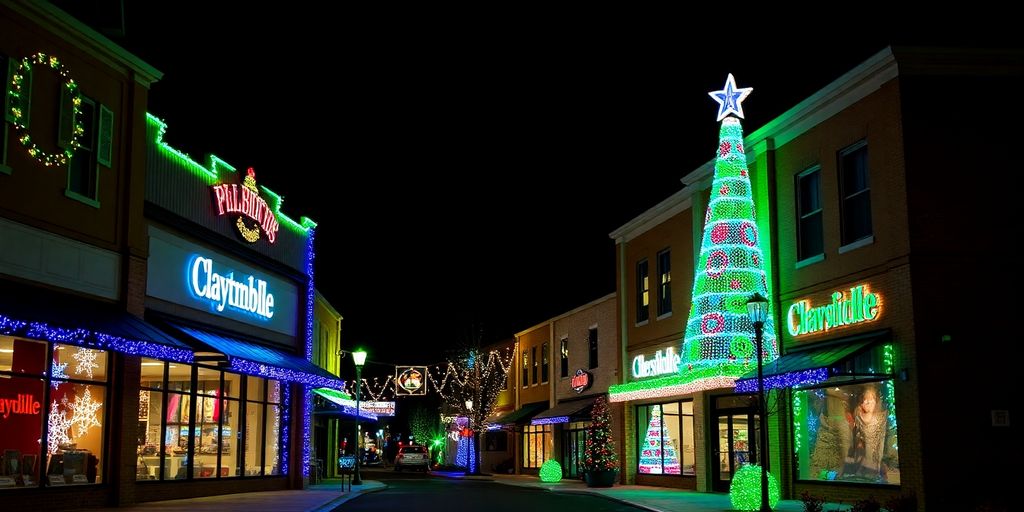 Colorful commercial Christmas lights illuminating Clayton buildings.