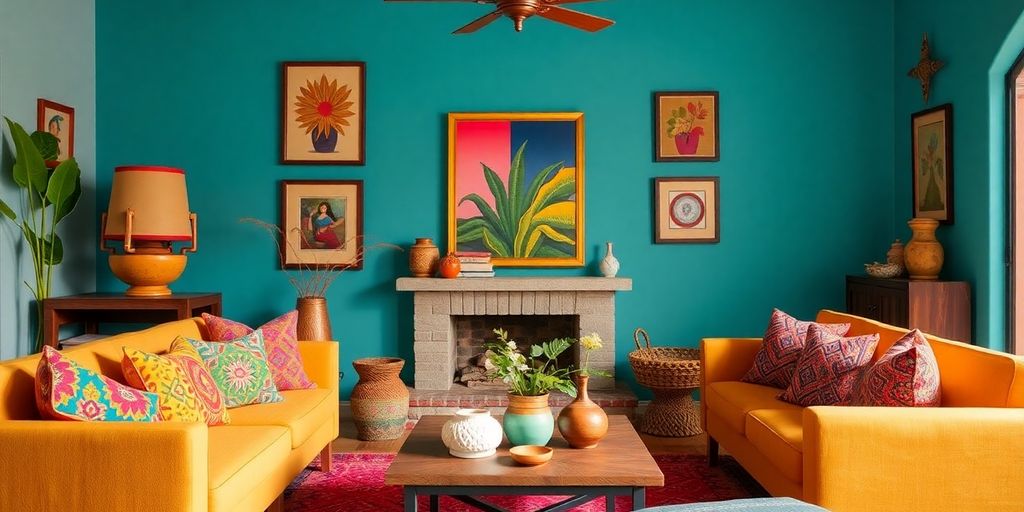 Modern Mexican living room with vibrant colors and decor.