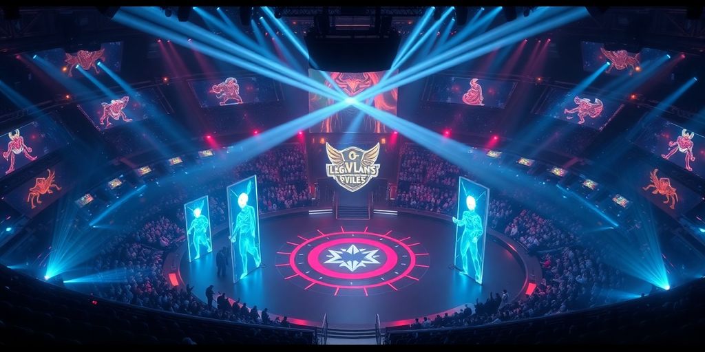 Isometric arena with champion holograms.