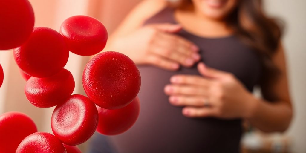 Red blood cells, iron pill, and healthy pregnant woman.