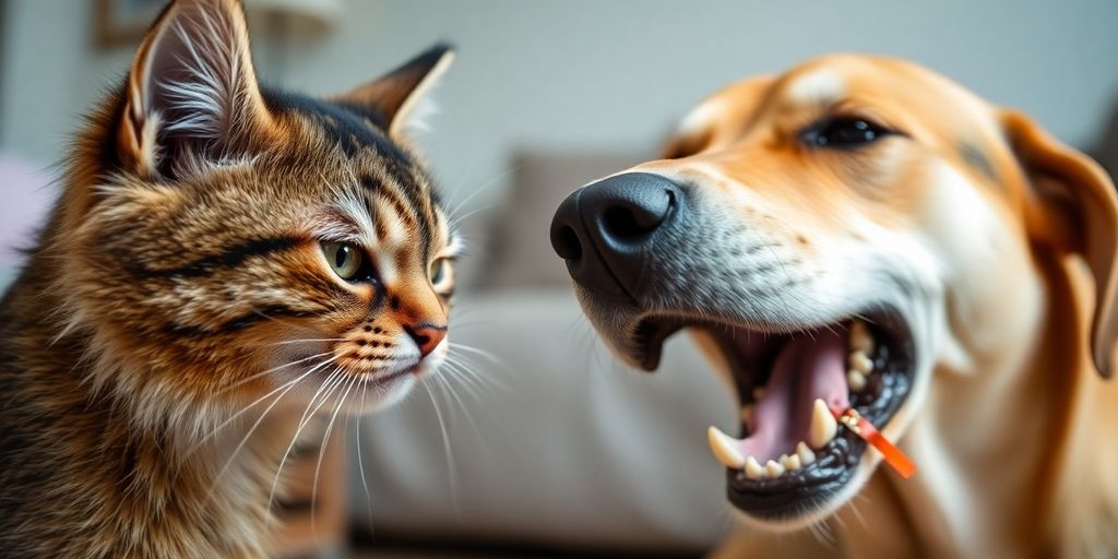 Cat and dog in aggressive standoff, tense body language.