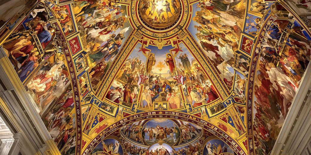 Intricate details of Michelangelo's Sistine Chapel ceiling frescoes.