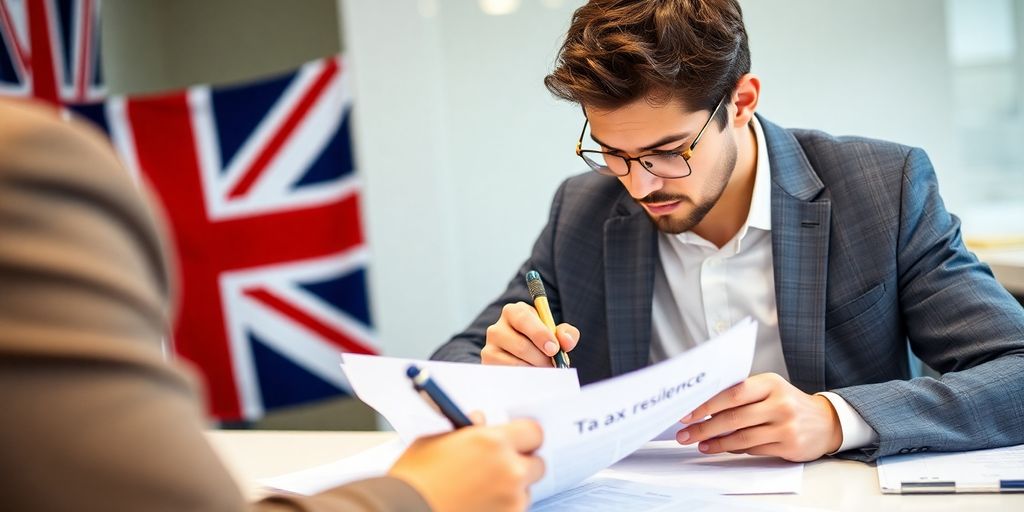 Person completing tax forms in a UK office setting.