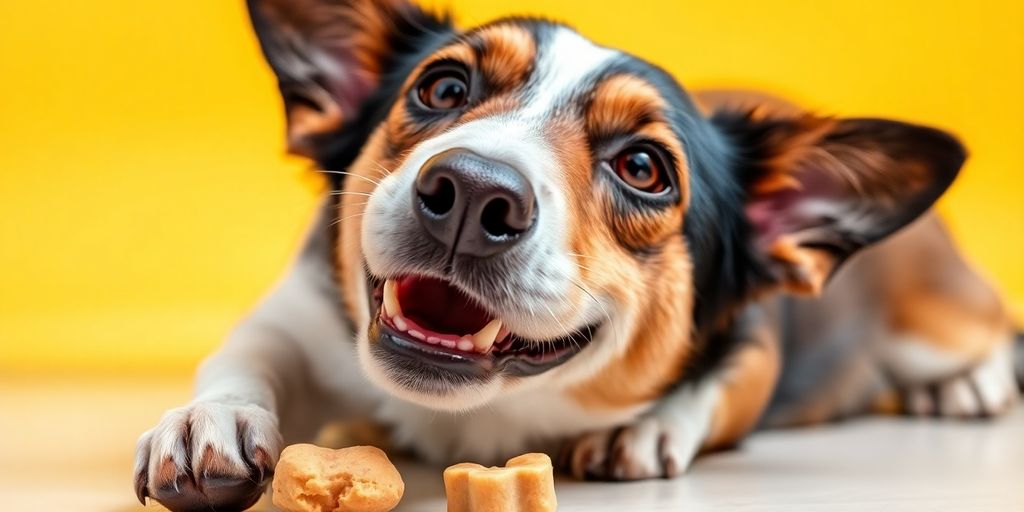 A happy dog bowing for a treat.