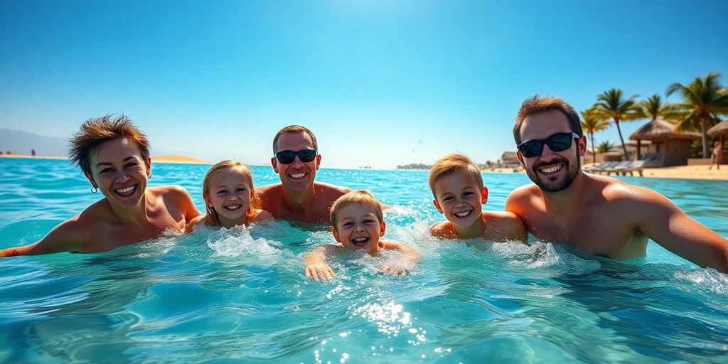 Family splashing in clear ocean water in Cabo.