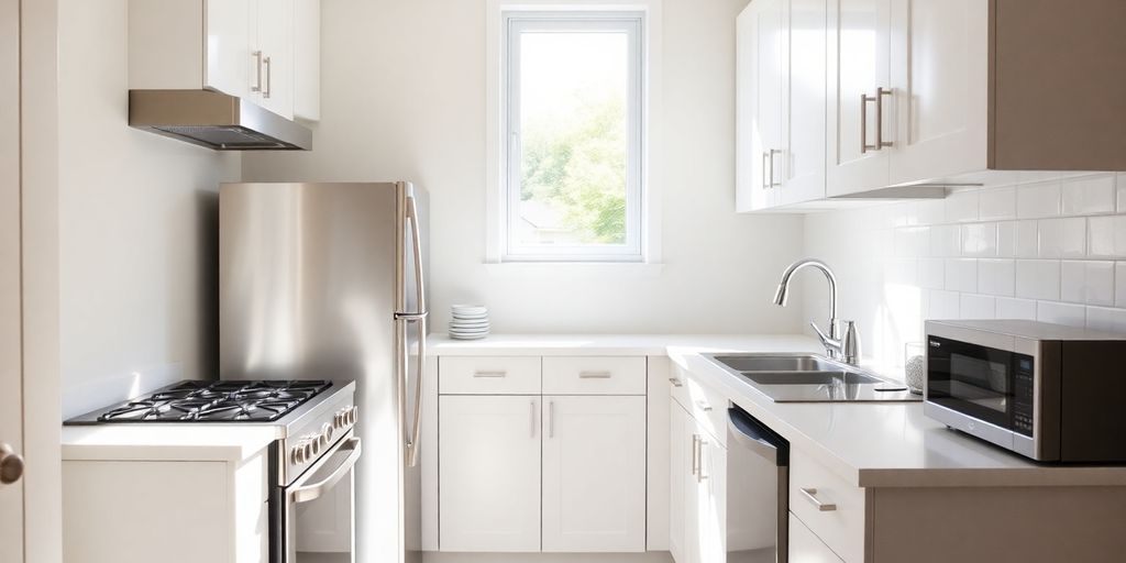 Newly renovated small kitchen with bright cabinets and modern appliances.