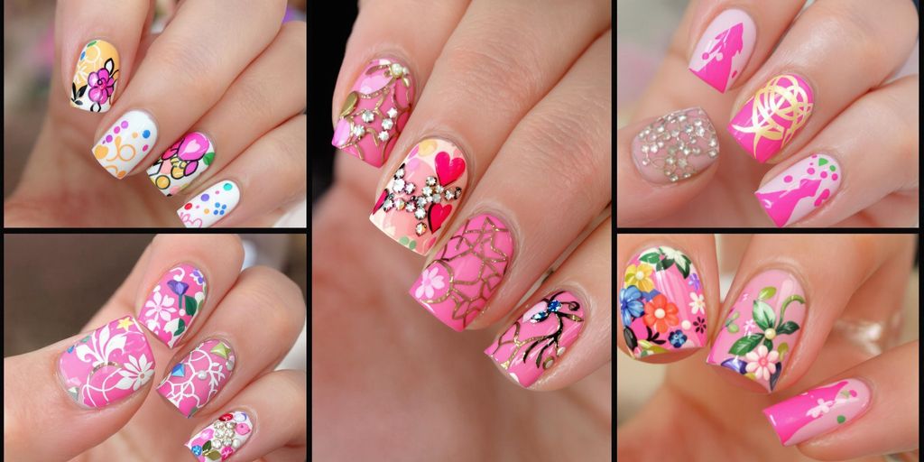 Unhas rosa decoradas com combinações de cores vibrantes.