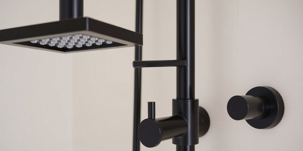 Sleek black shower and tap set in modern bathroom.