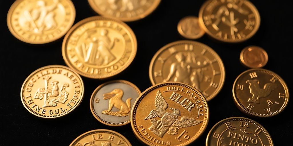 Coins d'or rares sur un fond en velours noir.