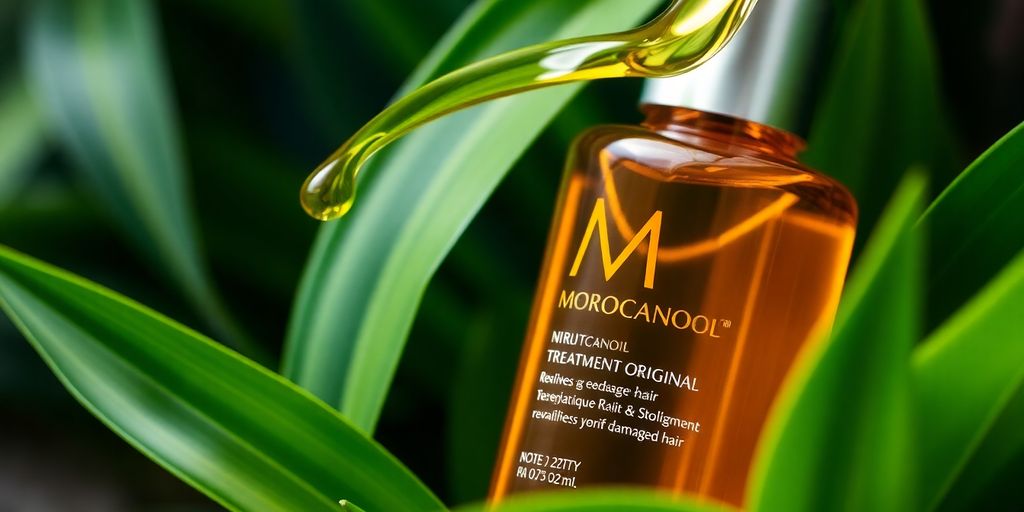 Bottle of Moroccanoil Treatment with golden oil and greenery.