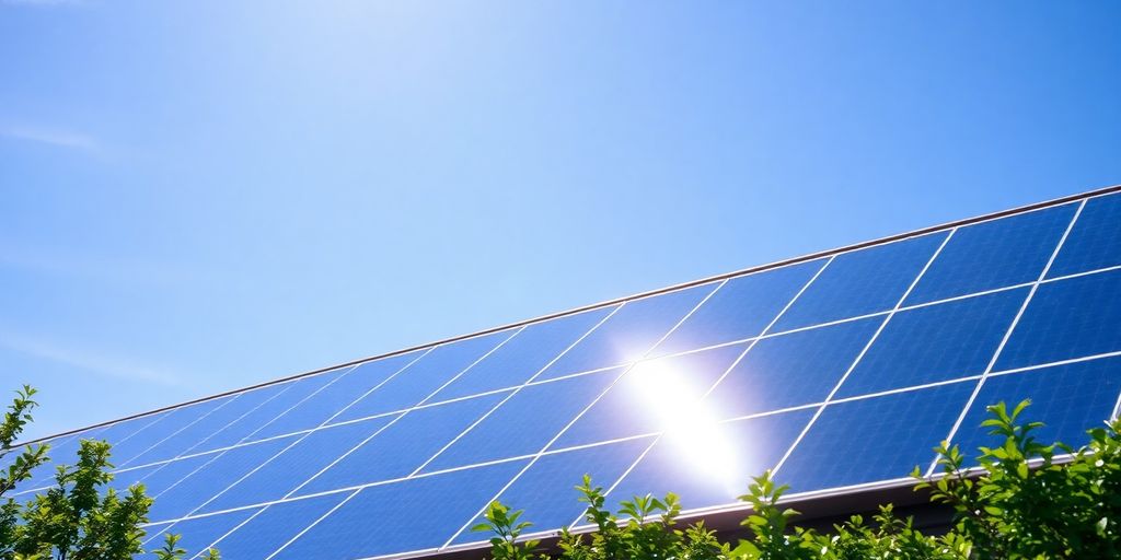 Rooftop solar panels with clear sky and greenery.