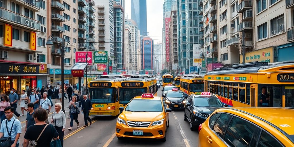 Hong Kong street with trams and busy pedestrians.