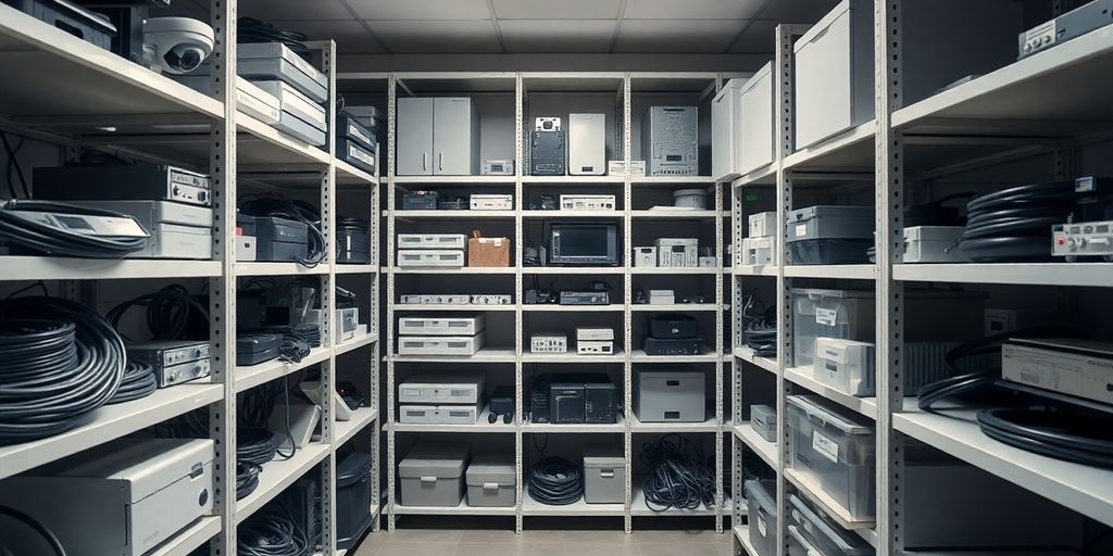 Organised CCTV storage area with equipment and devices.