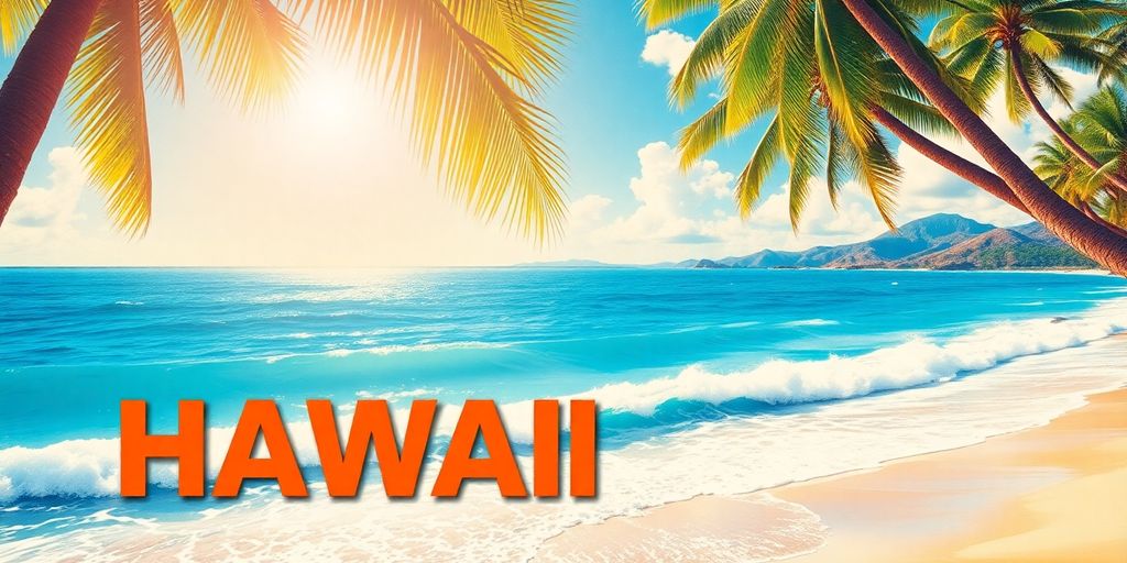 Vintage Hawaii travel poster with palm trees and ocean.