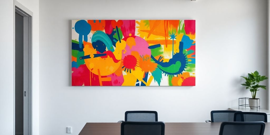 Vibrant wall art in a modern office.