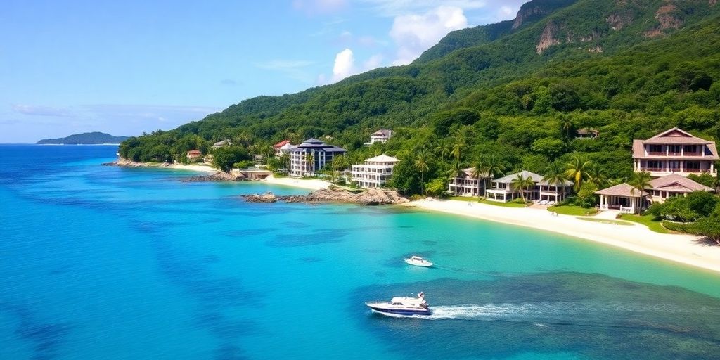 Phuket coastline with luxurious properties and clear blue ocean.