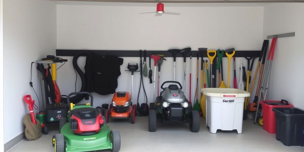 Organized garage with lawn equipment neatly arranged.