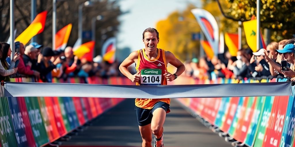 Runner finishing a marathon with cheering crowd.