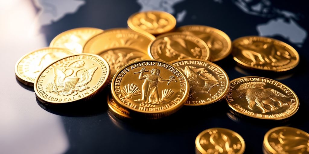Pièces d'or américaines avec carte du monde floue.