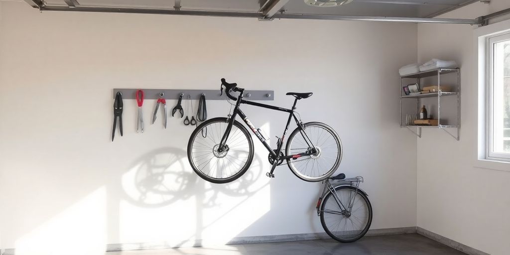 Bike hanger, bike, wall, garage, organized space.