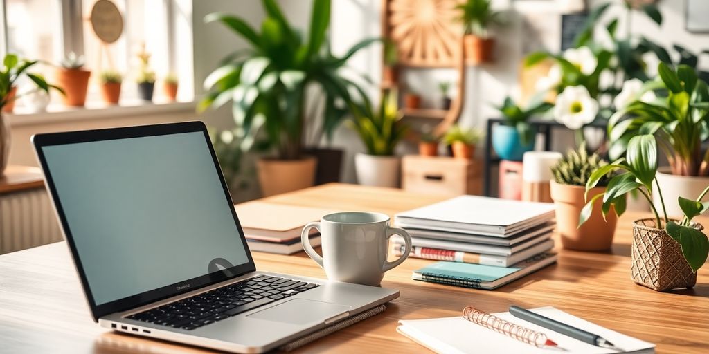 Colorful workspace with laptop and creative decor.