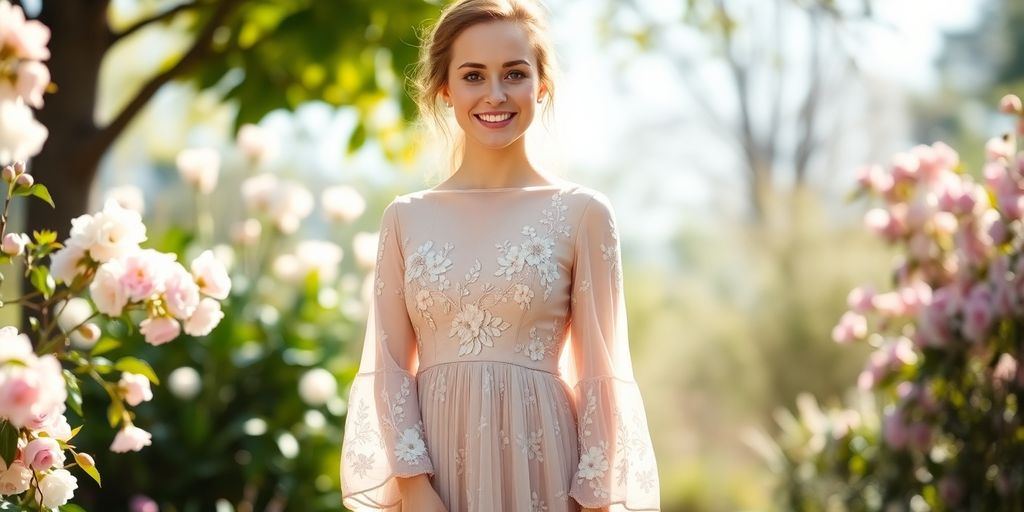 Woman in floral sleeve dress attends outdoor spring wedding.