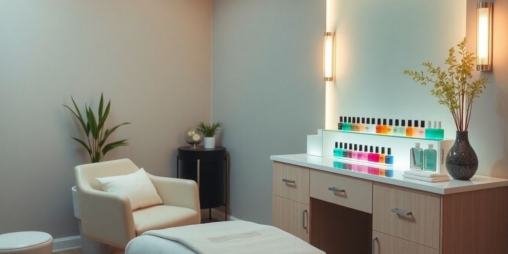 Relaxing nail spa with comfy chair and colorful polishes.