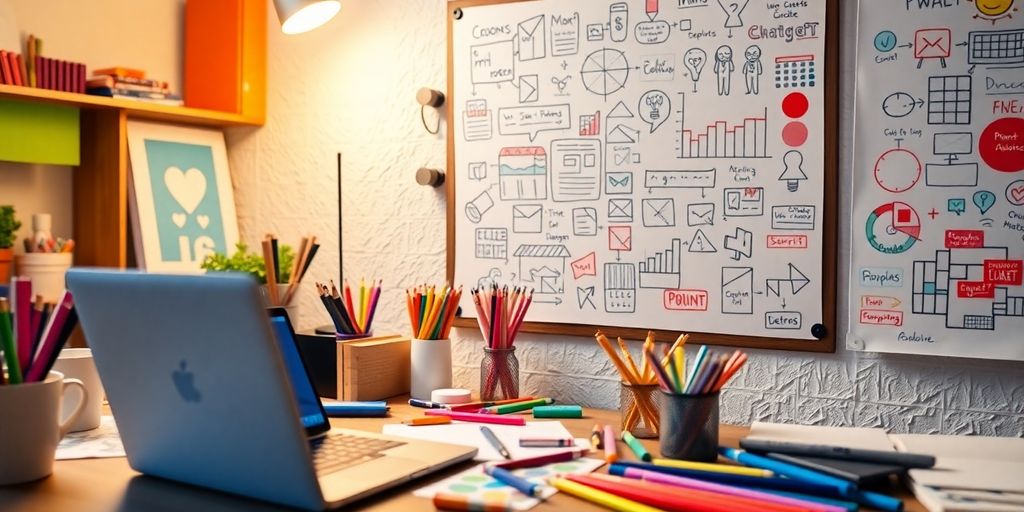 Creative workspace with laptop and colorful art supplies.