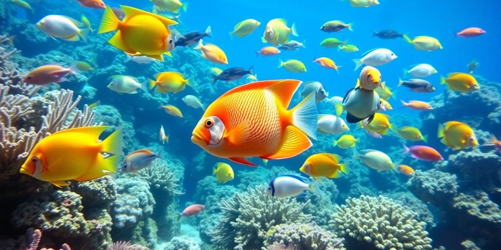 色彩斑斓的海洋鱼在珊瑚礁中游泳。