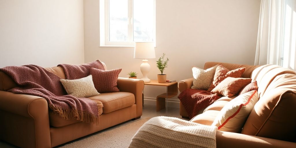 Cozy living room with warm blankets and pillows.