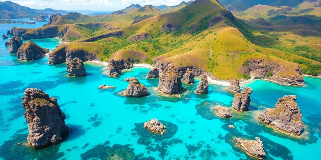 Scenic view of Komodo Island's lush landscape and waters.