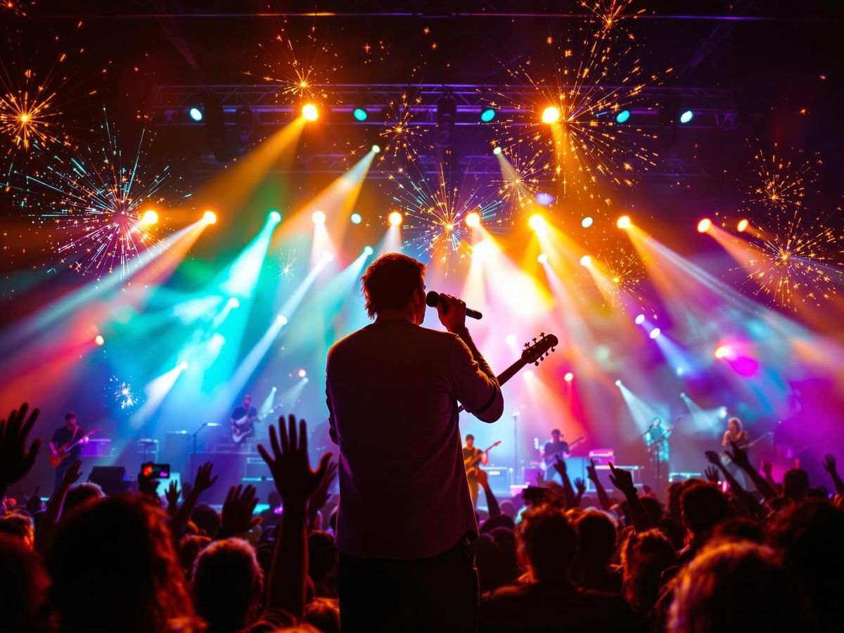 Musicians performing at a lively concert with bright lights.