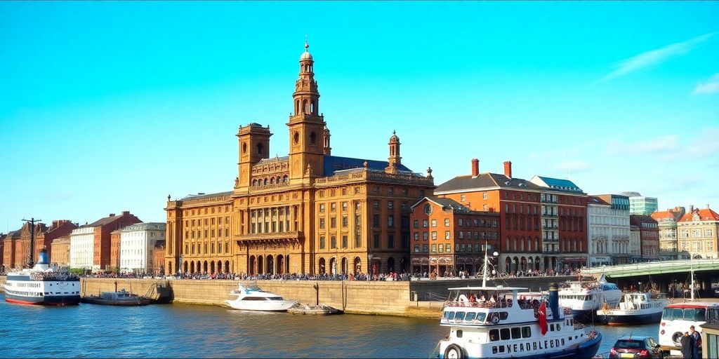 Liverpool waterfront with iconic buildings and ships.