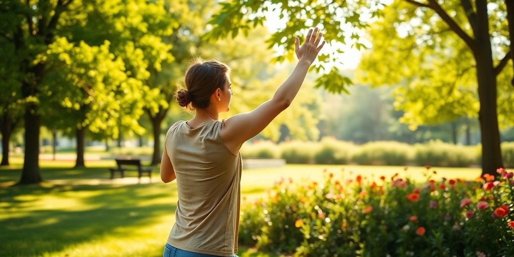 Person stretching outdoors with a serene natural backdrop.
