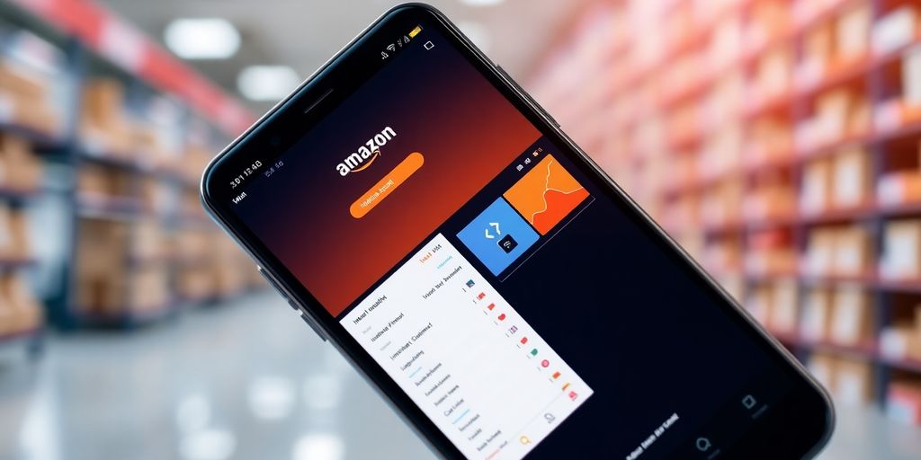 Smartphone with Amazon inventory management app on screen.