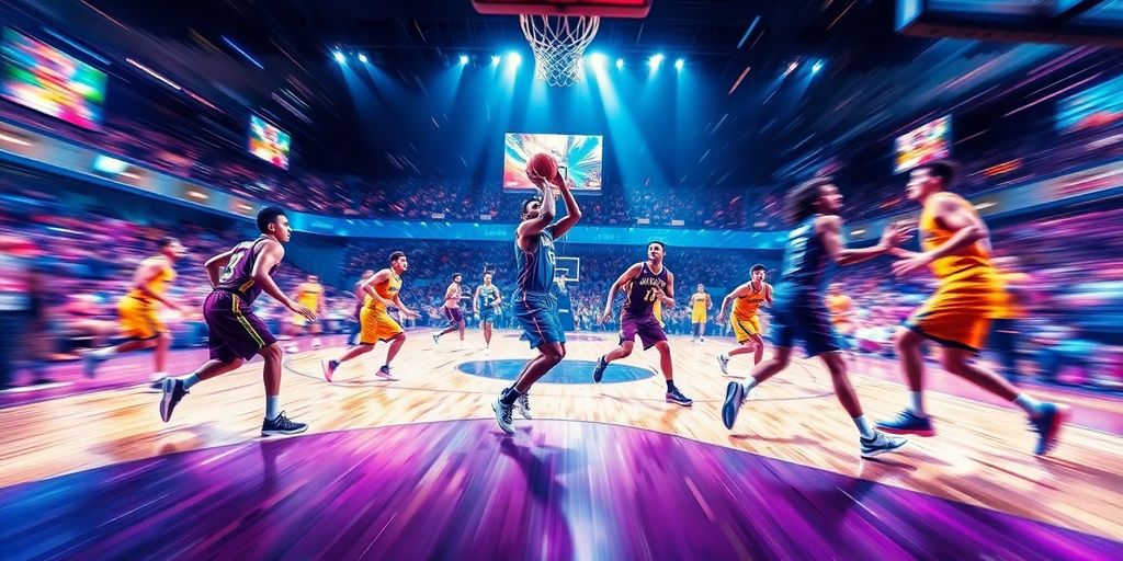 Basketball players in action during a game on court.