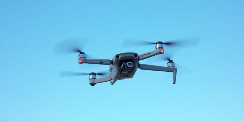 Drone DJI en vol avec un ciel bleu.