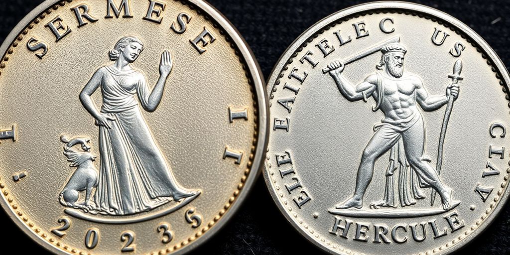 Pièces d'argent françaises Semeuse et Hercule côte à côte.