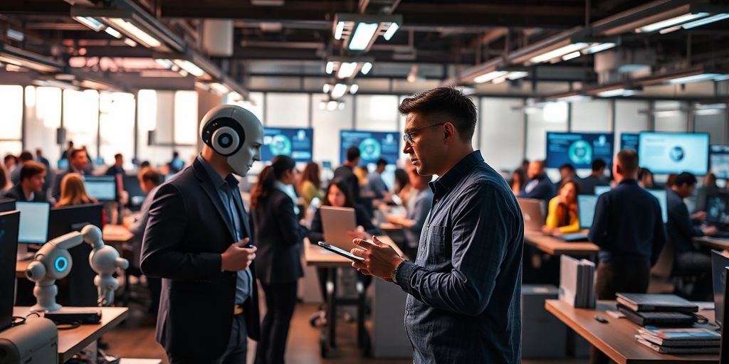 Ambiente de escritório moderno com tecnologia avançada.