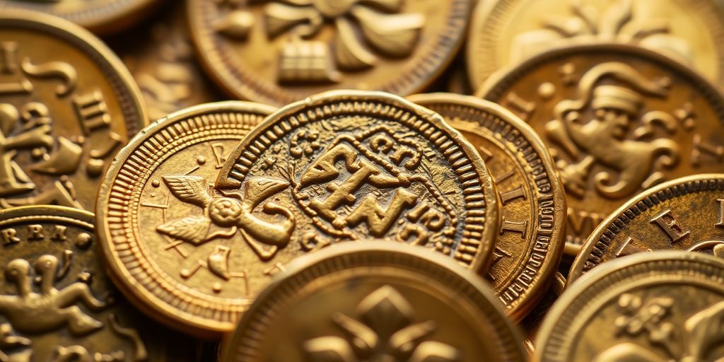 Des pièces d'or anciennes avec des motifs détaillés.