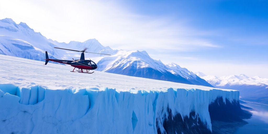 A helicopter flies over a vast Alaskan glacier and mountains.