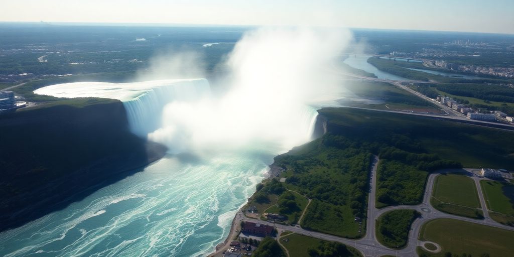 An aerial view of Niagara Falls from a helicopter.