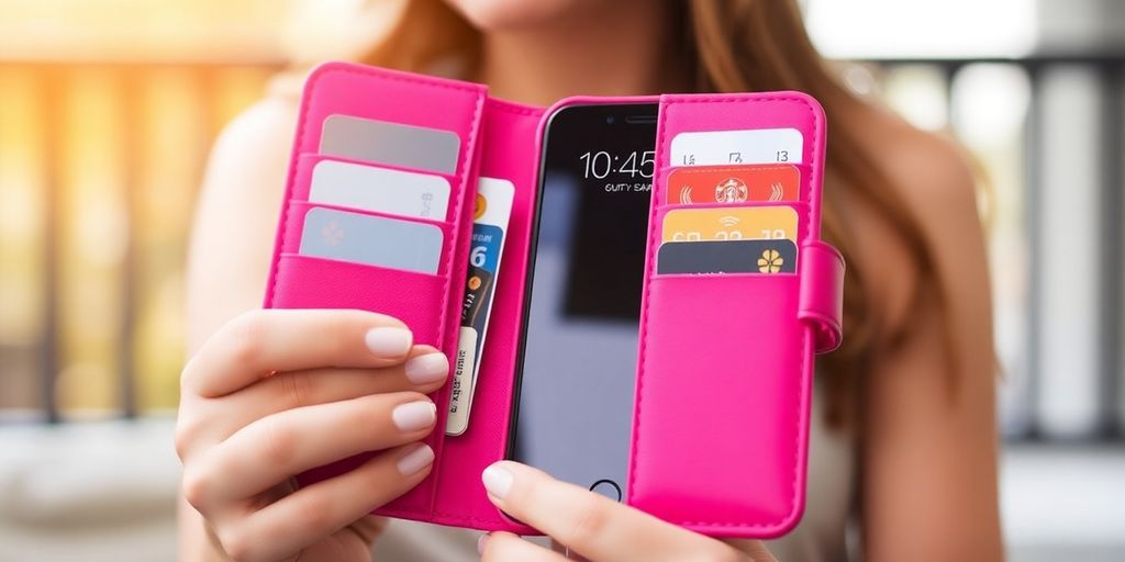 Hot pink iPhone wallet case with card slots.