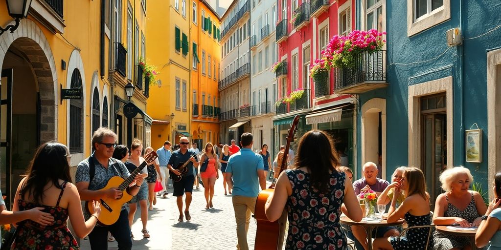 People enjoying Fado music, dancing, and dining outdoors.