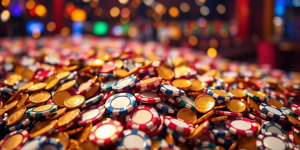 Casino chips and gold coins scattered.