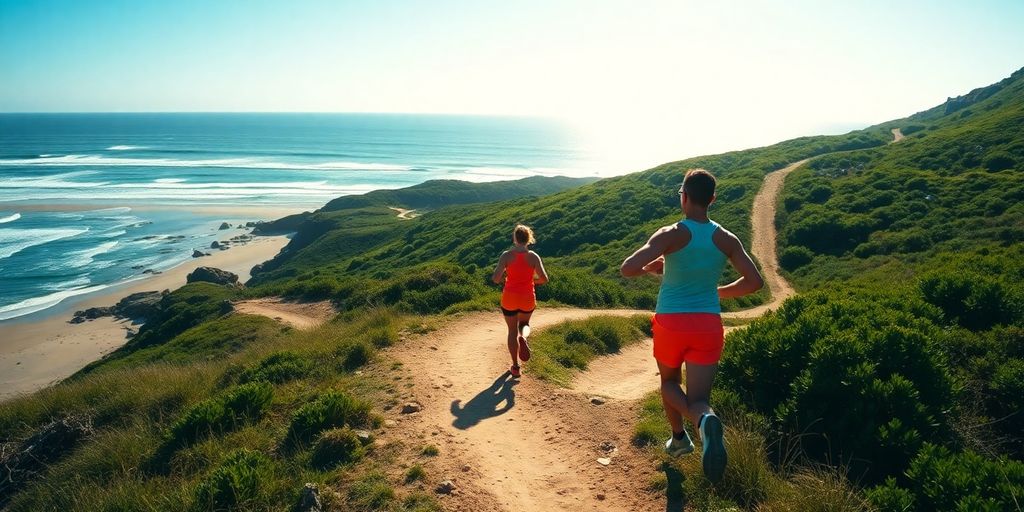 Runner chooses path on sunny coastal trail.