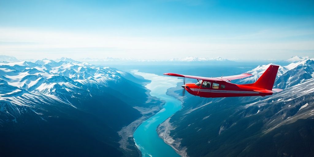 A small airplane flies over a vast Alaskan mountain range.