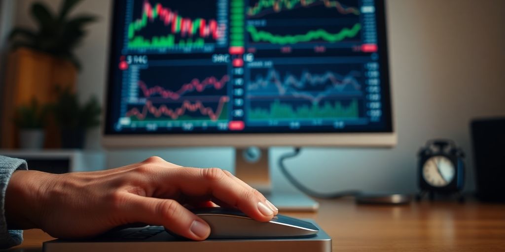 Desktop computer with financial charts on screen.